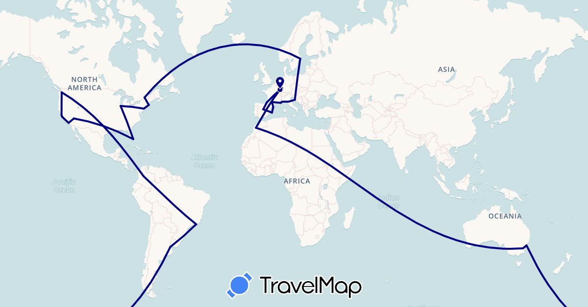 TravelMap itinerary: driving in Argentina, Australia, Brazil, Canada, Colombia, Germany, Spain, France, Croatia, Italy, Morocco, Monaco, Sweden, United States (Africa, Europe, North America, Oceania, South America)